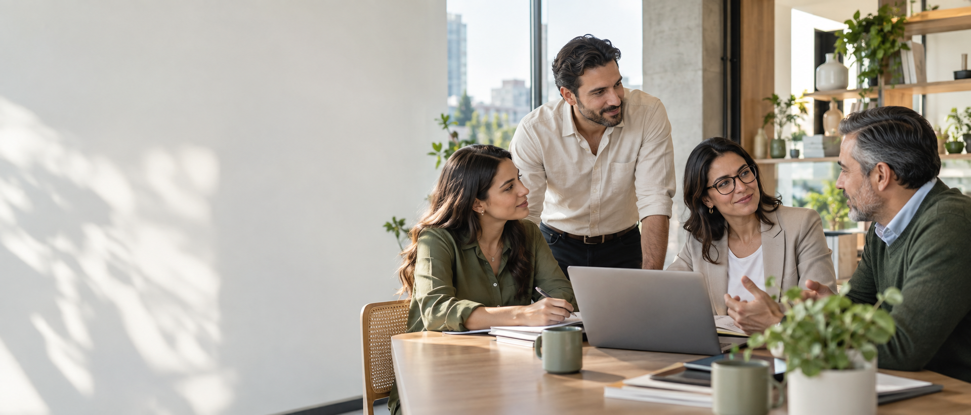 Equipo de profesionales conversando en una mesa de trabajo