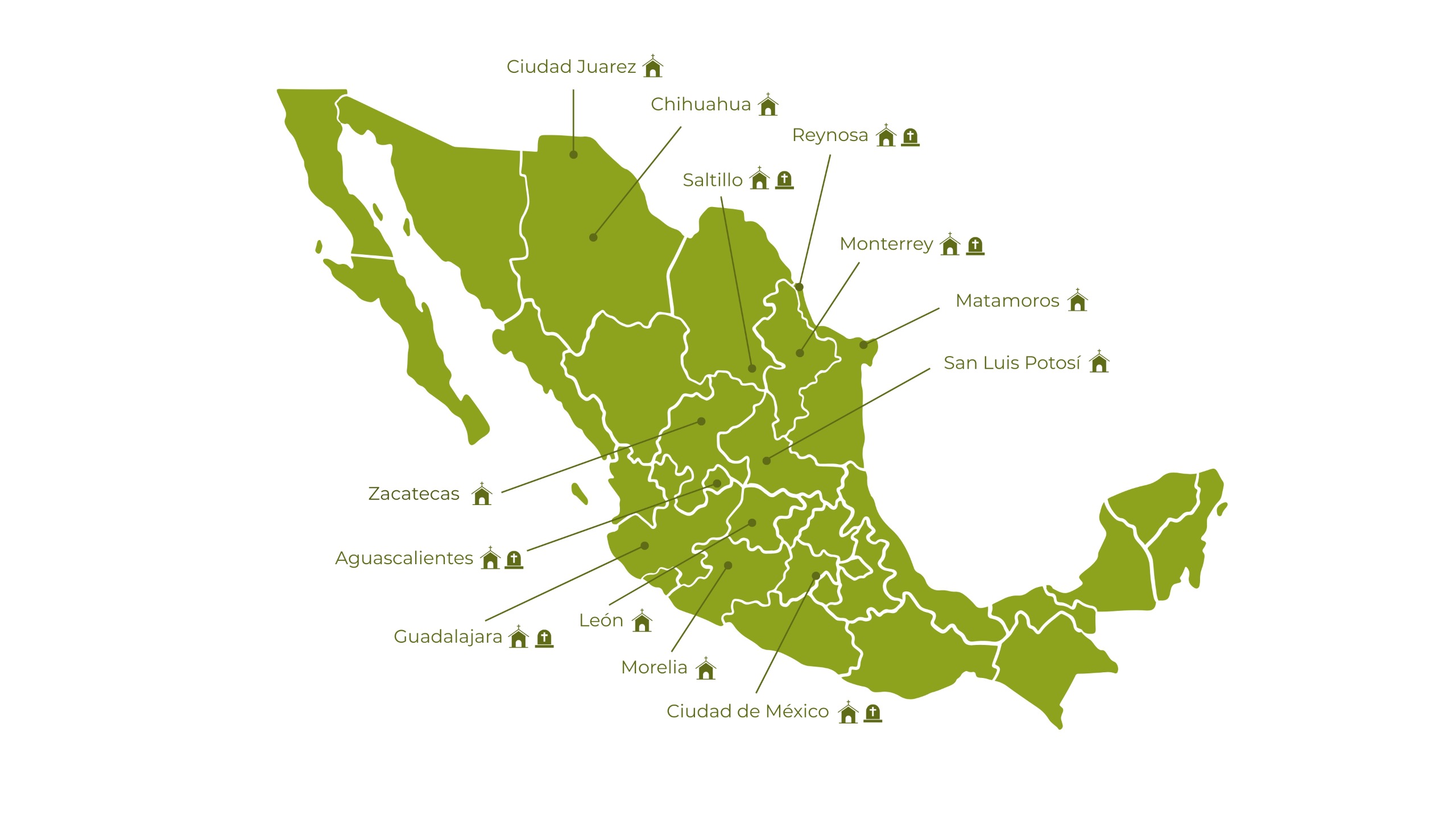 Mapa de México con las ciudades donde Protecto Deco tiene presencia directa